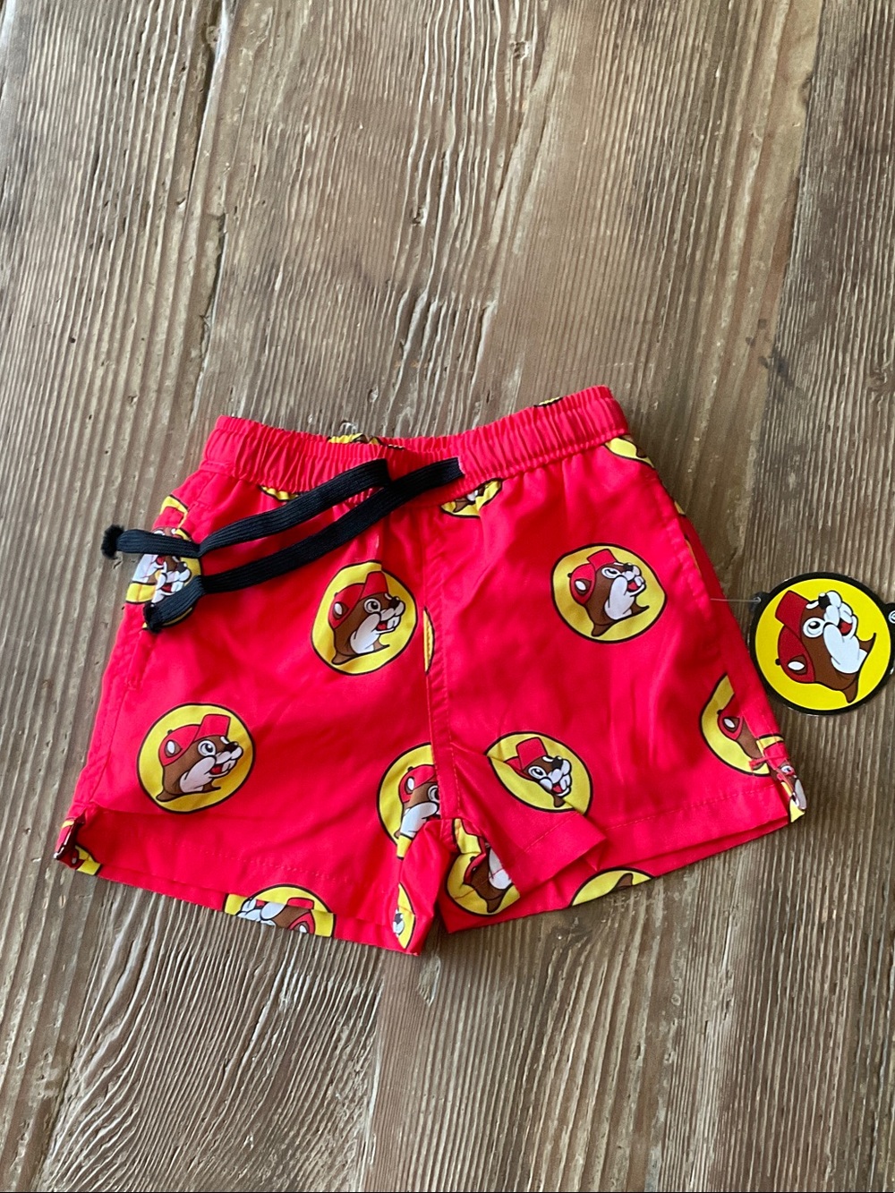 Red Kids Swim Shorts with Cartoon Patch Print and Drawstring